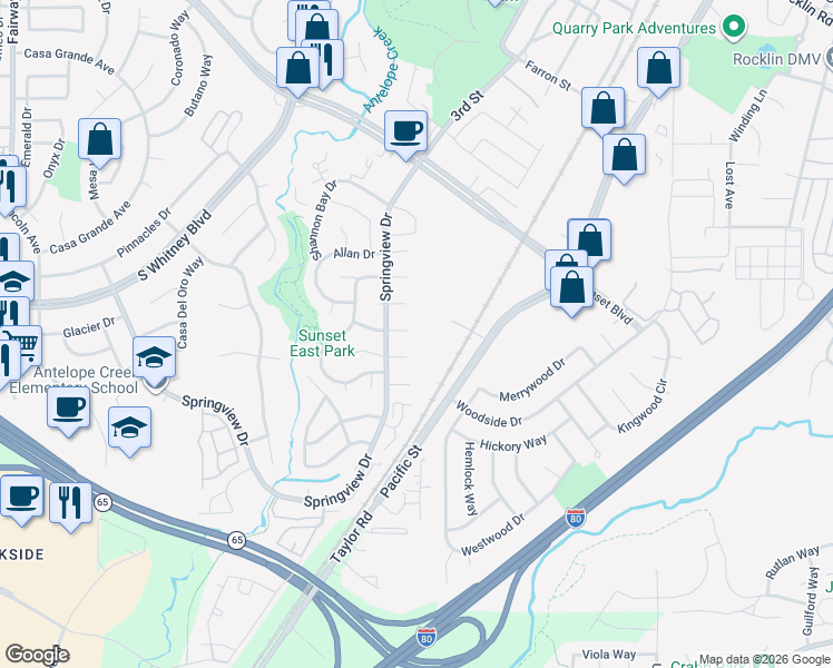 map of restaurants, bars, coffee shops, grocery stores, and more near 5524 Woodbridge Court in Rocklin