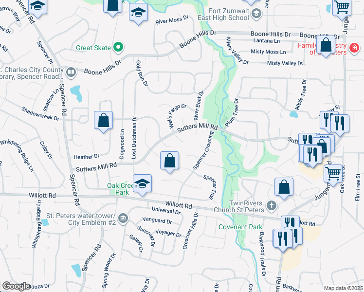 map of restaurants, bars, coffee shops, grocery stores, and more near 6 Wells Fargo Court in St. Peters