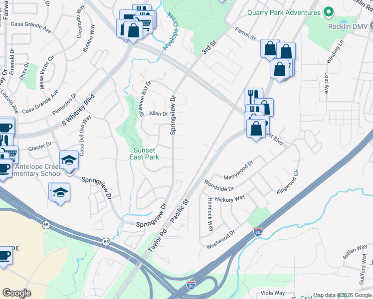 map of restaurants, bars, coffee shops, grocery stores, and more near 5524 Woodbridge Court in Rocklin
