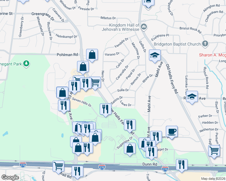 map of restaurants, bars, coffee shops, grocery stores, and more near 4317 Sulla Dr in Florissant