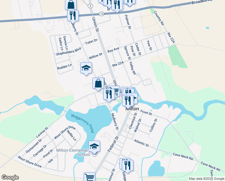 map of restaurants, bars, coffee shops, grocery stores, and more near 109 Broad Street in Milton