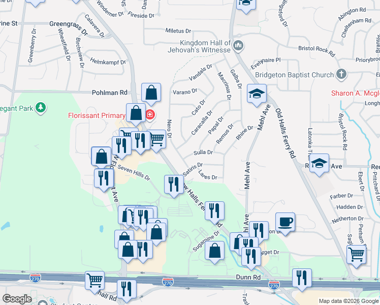 map of restaurants, bars, coffee shops, grocery stores, and more near 4317 Sulla Drive in Florissant
