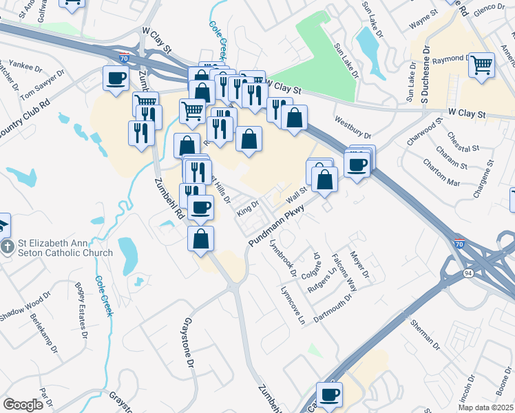 map of restaurants, bars, coffee shops, grocery stores, and more near 114 King Drive in Saint Charles