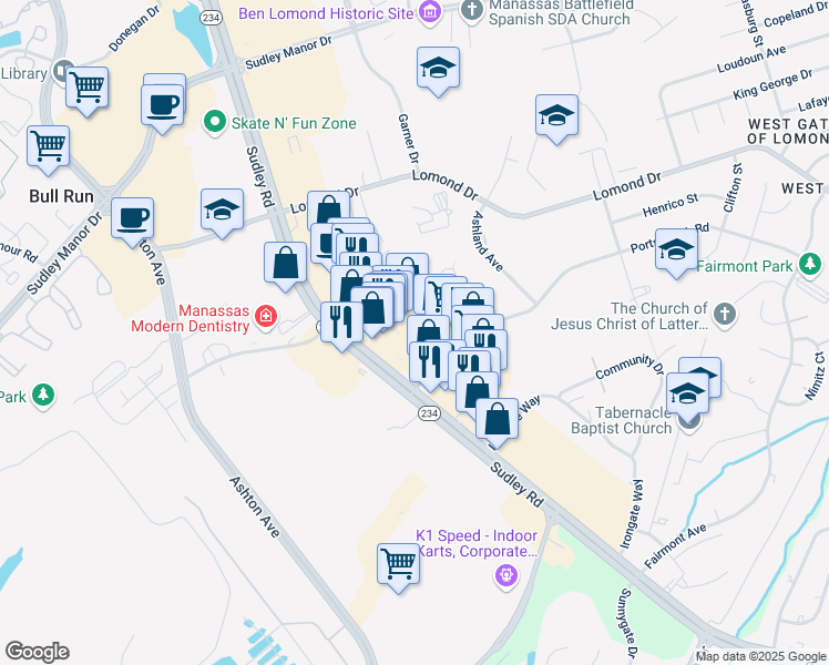 map of restaurants, bars, coffee shops, grocery stores, and more near 10440 Portsmouth Road in Manassas