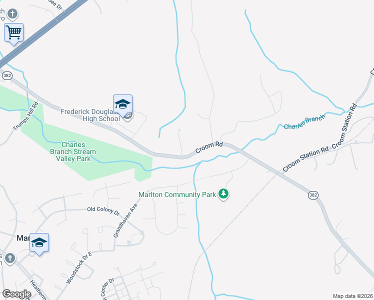 map of restaurants, bars, coffee shops, grocery stores, and more near 8030 Maryland 382 in Upper Marlboro