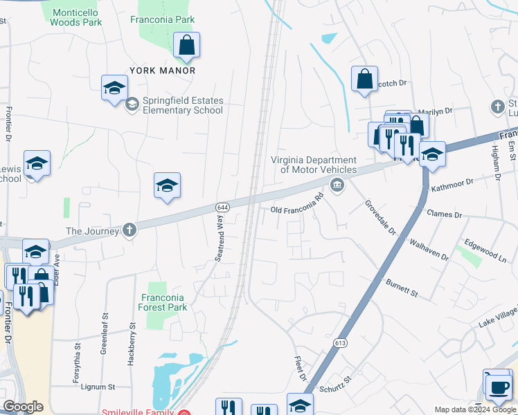 map of restaurants, bars, coffee shops, grocery stores, and more near 6540 Old Franconia Road in Franconia