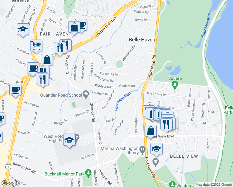 map of restaurants, bars, coffee shops, grocery stores, and more near 6319 Olmi Landrith Drive in Alexandria