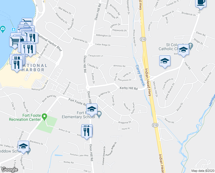 map of restaurants, bars, coffee shops, grocery stores, and more near 211 Kerby Hill Road in Fort Washington