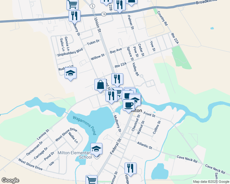 map of restaurants, bars, coffee shops, grocery stores, and more near 109 Broad Street in Milton