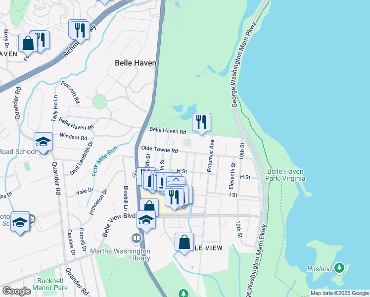 map of restaurants, bars, coffee shops, grocery stores, and more near 6328 Golf Course Square in Alexandria
