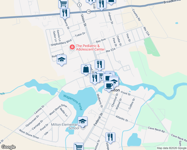 map of restaurants, bars, coffee shops, grocery stores, and more near 128 Broad Street in Milton