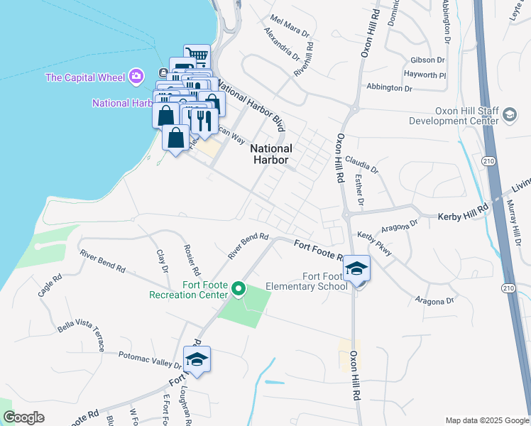map of restaurants, bars, coffee shops, grocery stores, and more near 517 Rampart Way in Oxon Hill