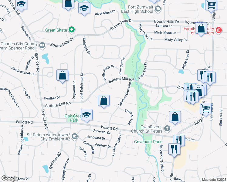 map of restaurants, bars, coffee shops, grocery stores, and more near 6 Wells Fargo Court in Saint Peters