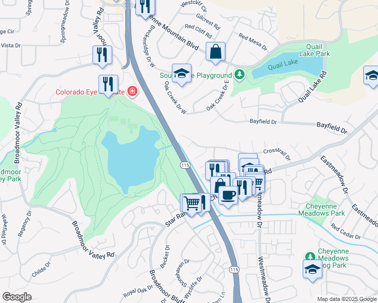 map of restaurants, bars, coffee shops, grocery stores, and more near 3625 Crosstrail Court in Colorado Springs