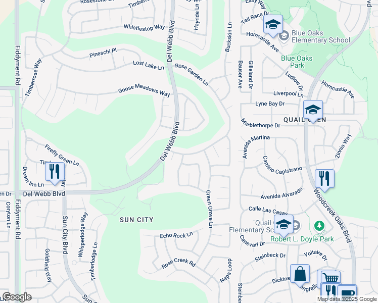 map of restaurants, bars, coffee shops, grocery stores, and more near 6049 Rose Garden Lane in Roseville