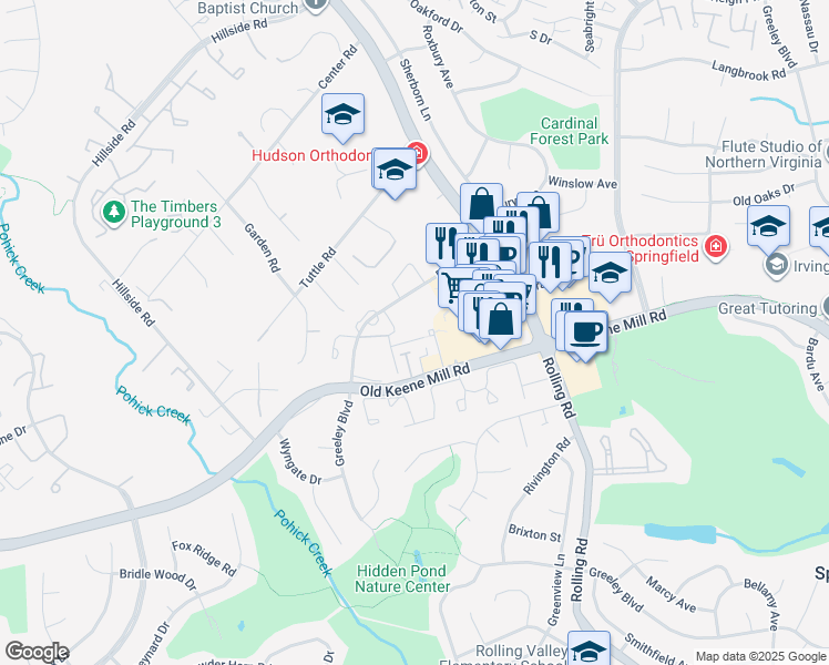 map of restaurants, bars, coffee shops, grocery stores, and more near 8508 Tall Trees Court in Springfield