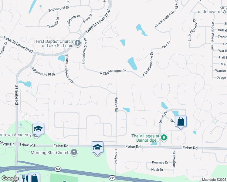 map of restaurants, bars, coffee shops, grocery stores, and more near 1043 Pleasant Meadow Drive in Lake Saint Louis