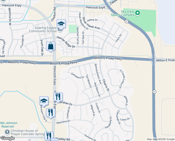 map of restaurants, bars, coffee shops, grocery stores, and more near 3543 Tail Wind Drive in Colorado Springs
