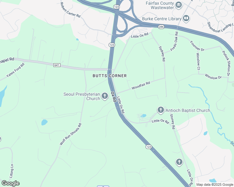 map of restaurants, bars, coffee shops, grocery stores, and more near Little Ox Rd & Woodfair Rd in Fairfax Station