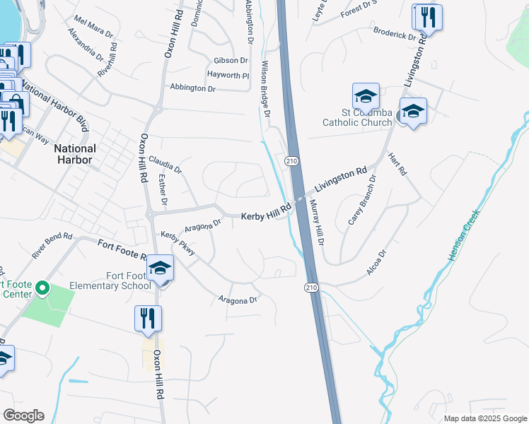 map of restaurants, bars, coffee shops, grocery stores, and more near 508 Kerby Hill Road in Fort Washington