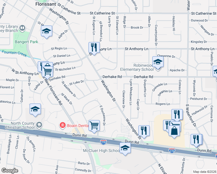 map of restaurants, bars, coffee shops, grocery stores, and more near 1955 Washington Street in Florissant