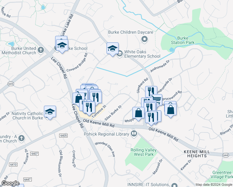 map of restaurants, bars, coffee shops, grocery stores, and more near 6356 Teakwood Court in Burke