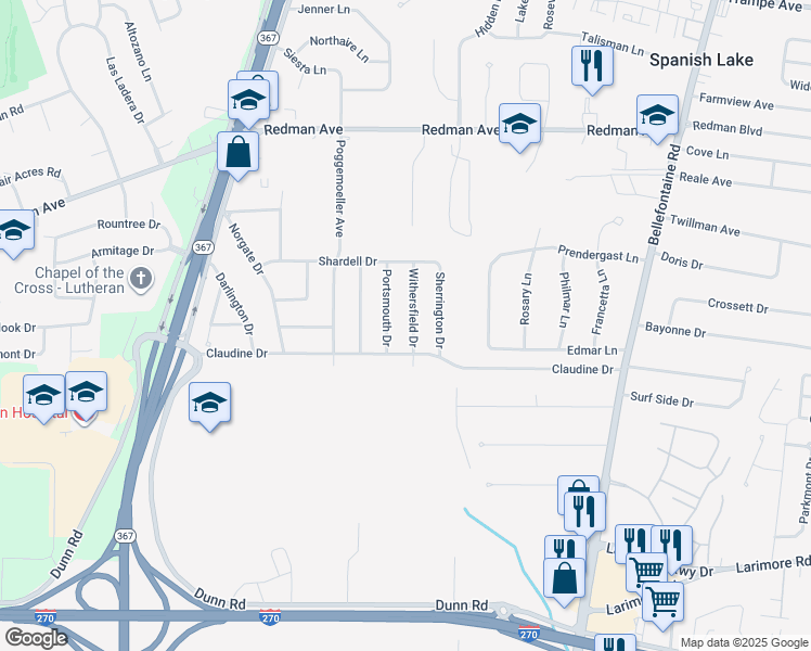map of restaurants, bars, coffee shops, grocery stores, and more near 11516 Portsmouth Drive in St. Louis