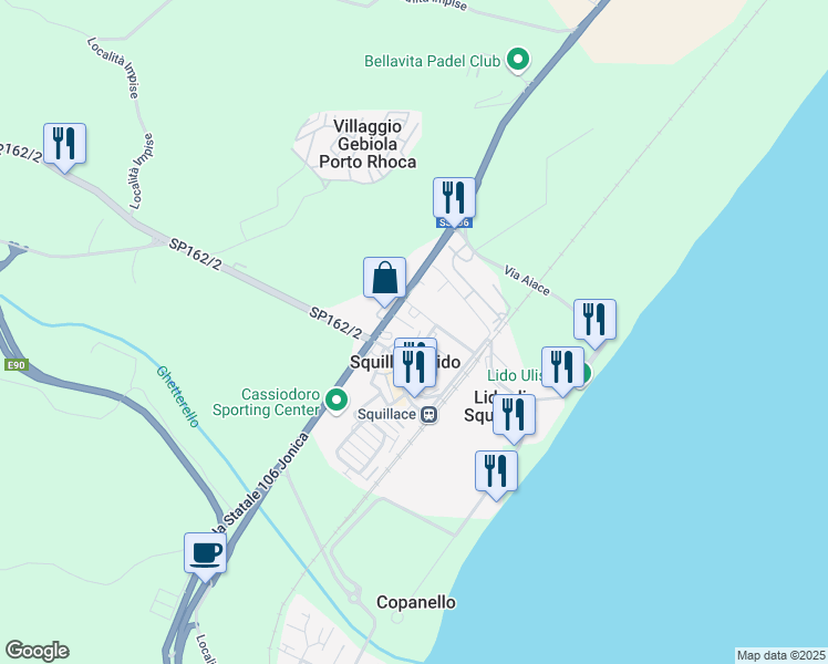 map of restaurants, bars, coffee shops, grocery stores, and more near 51 Via Laerte in Squillace Lido