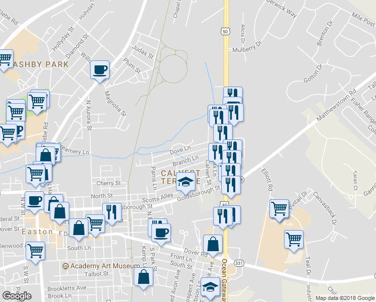 map of restaurants, bars, coffee shops, grocery stores, and more near 709 Lomax Street in Easton