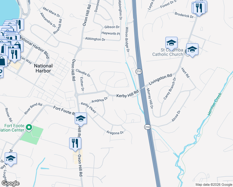 map of restaurants, bars, coffee shops, grocery stores, and more near 408 Kerby Hill Road in Fort Washington