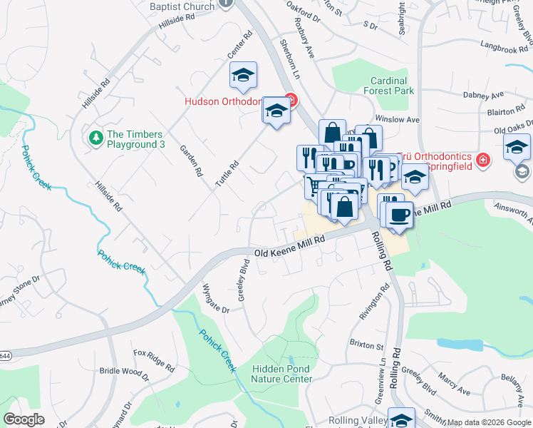 map of restaurants, bars, coffee shops, grocery stores, and more near 8531 Bauer Drive in West Springfield