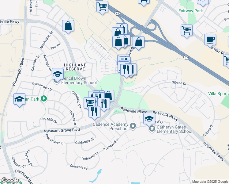 map of restaurants, bars, coffee shops, grocery stores, and more near 996 Pleasant Grove Boulevard in Roseville