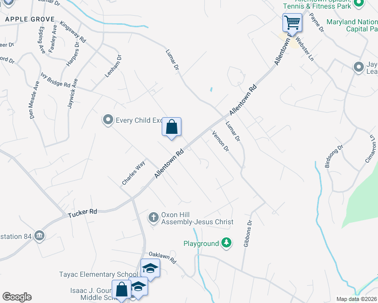 map of restaurants, bars, coffee shops, grocery stores, and more near 8010 Allentown Road in Fort Washington