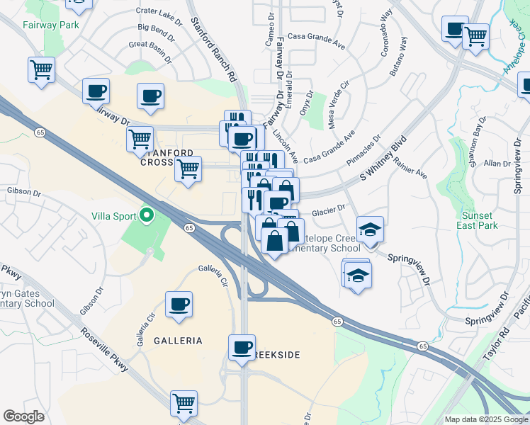 map of restaurants, bars, coffee shops, grocery stores, and more near 6810 Five Star Boulevard in Rocklin
