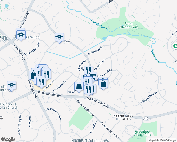 map of restaurants, bars, coffee shops, grocery stores, and more near 6312 Shiplett Boulevard in Burke