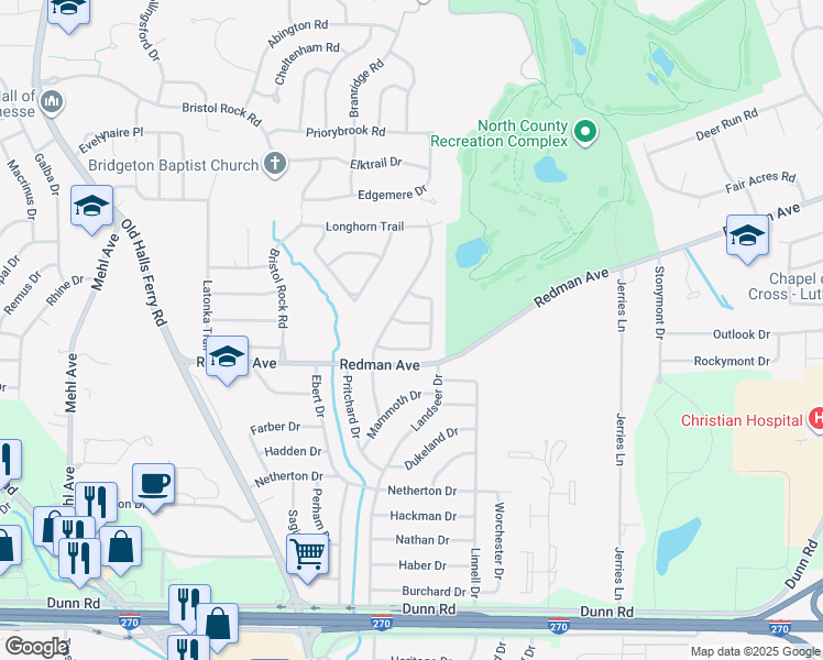 map of restaurants, bars, coffee shops, grocery stores, and more near 5235 Ponawanda Trail in Florissant