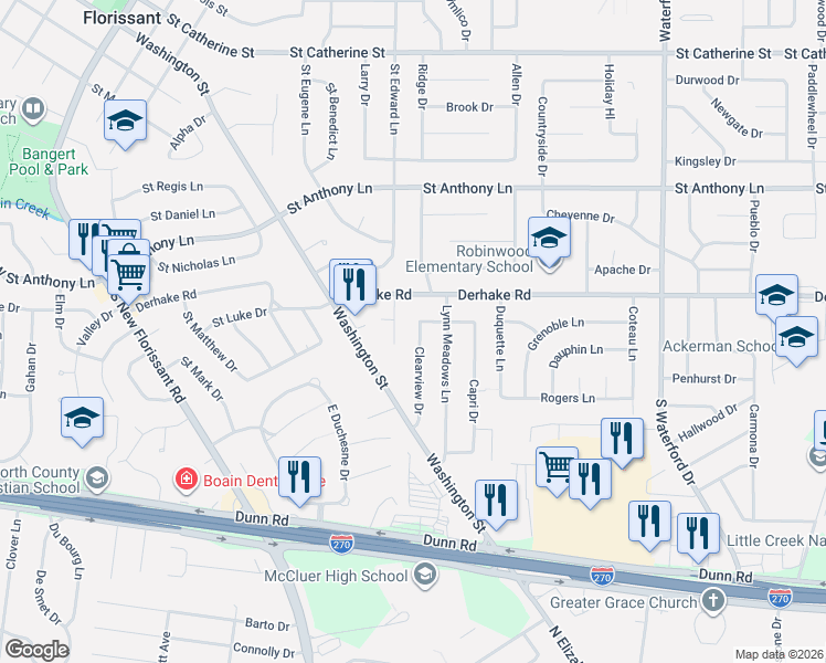 map of restaurants, bars, coffee shops, grocery stores, and more near 2005 Valerie Drive in Florissant
