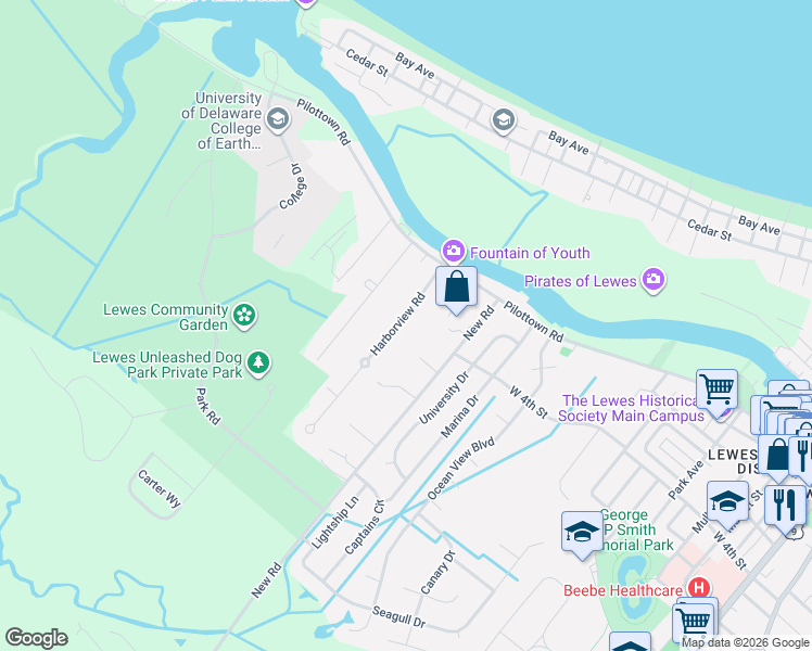 map of restaurants, bars, coffee shops, grocery stores, and more near 16 Harborview Road in Lewes