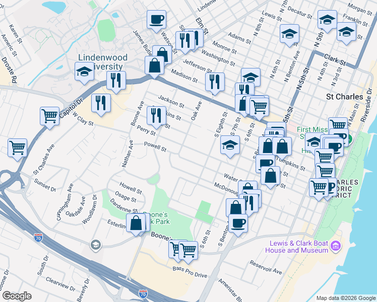 map of restaurants, bars, coffee shops, grocery stores, and more near 909 Perry Street in Saint Charles