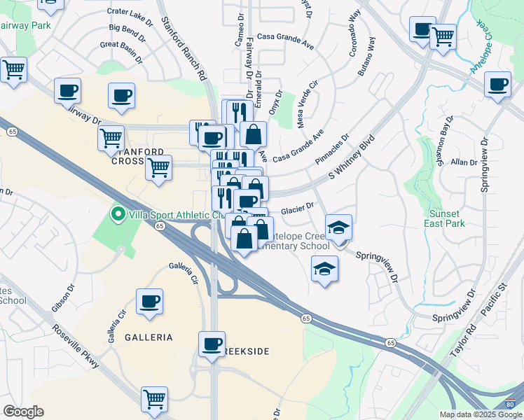 map of restaurants, bars, coffee shops, grocery stores, and more near 5809 Lincoln Avenue in Rocklin
