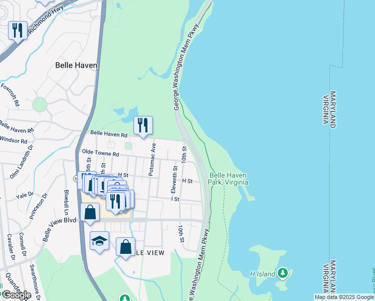 map of restaurants, bars, coffee shops, grocery stores, and more near 6303 10th Street in Alexandria