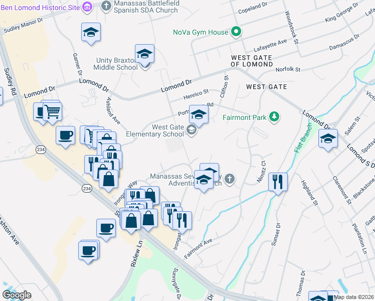 map of restaurants, bars, coffee shops, grocery stores, and more near 8033 Community Drive in Manassas