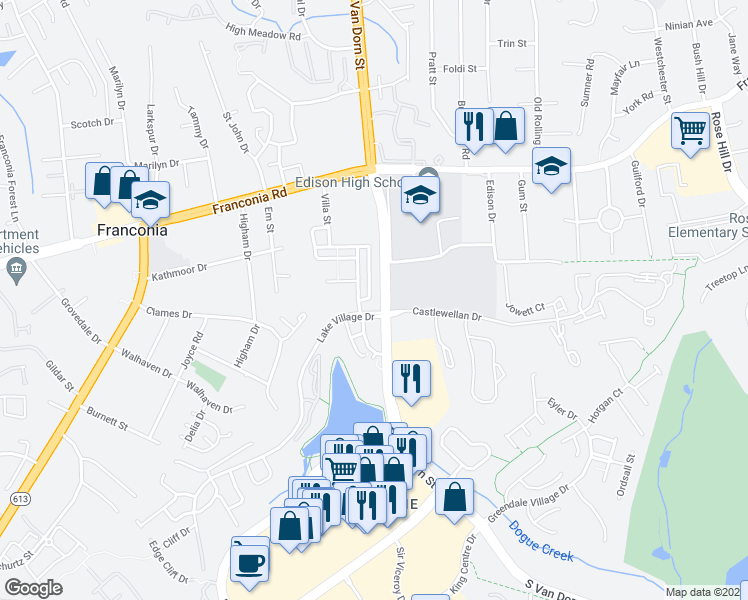 map of restaurants, bars, coffee shops, grocery stores, and more near 6329 Still Spring Place in Alexandria