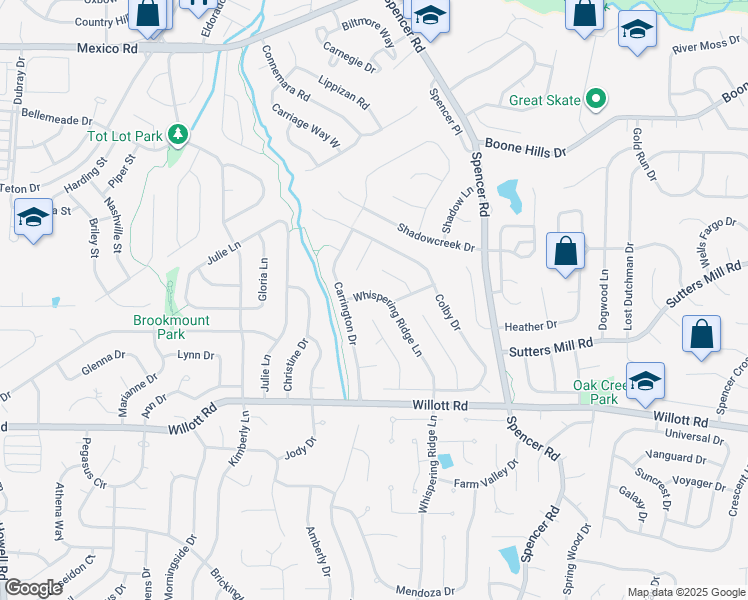 map of restaurants, bars, coffee shops, grocery stores, and more near 957 Whispering Ridge Lane in St. Peters