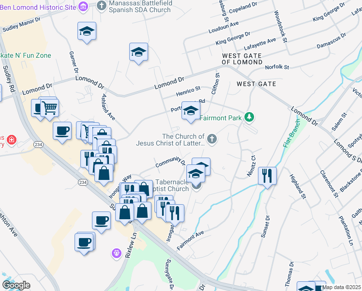 map of restaurants, bars, coffee shops, grocery stores, and more near 8035 Community Drive in Manassas