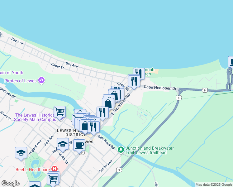 map of restaurants, bars, coffee shops, grocery stores, and more near 304 Massachusetts Avenue in Lewes