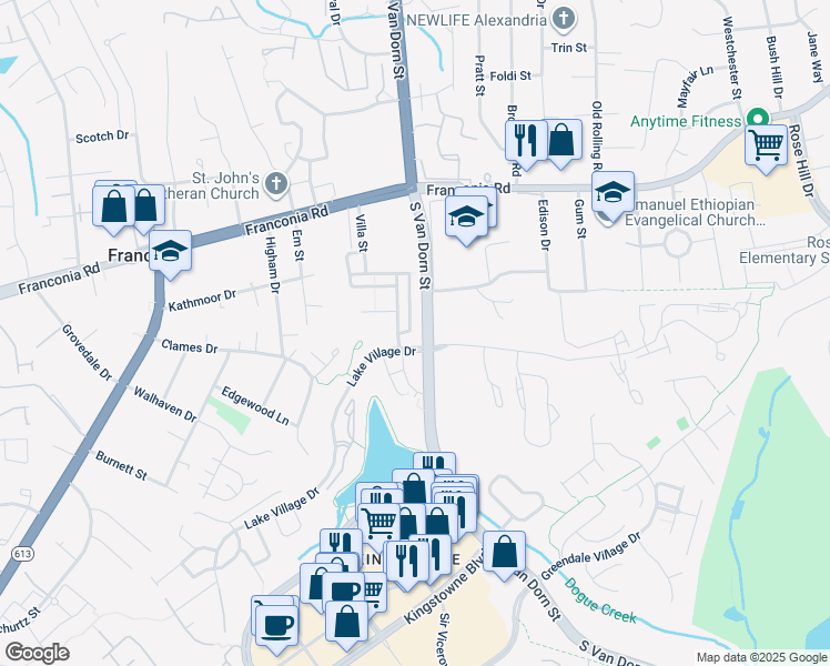 map of restaurants, bars, coffee shops, grocery stores, and more near 6329 Still Spring Place in Alexandria