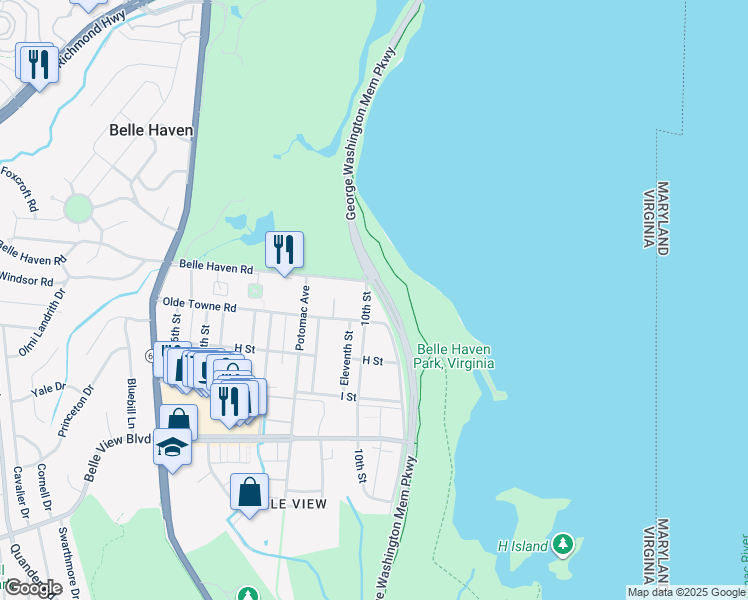 map of restaurants, bars, coffee shops, grocery stores, and more near 6303 10th Street in Alexandria