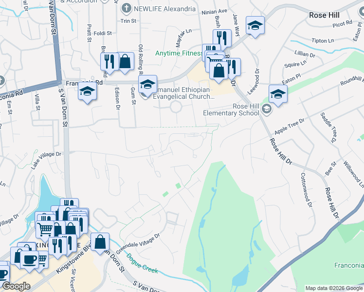 map of restaurants, bars, coffee shops, grocery stores, and more near 5123 Ballycastle Circle in Alexandria