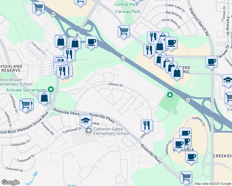 map of restaurants, bars, coffee shops, grocery stores, and more near 701 Gibson Drive in Roseville